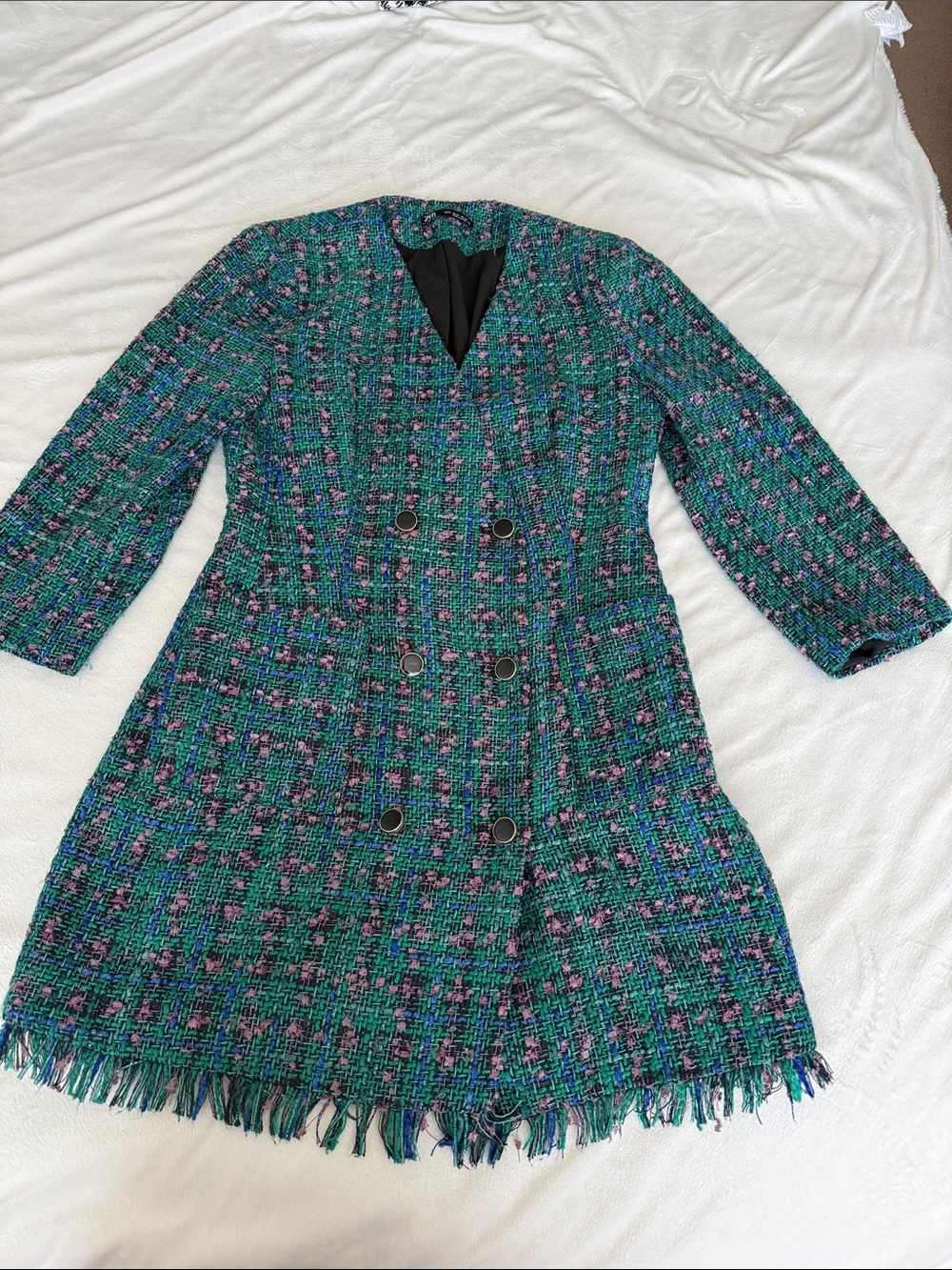 Zara Green, Teal & Pink Tweed dress with Fringe Trim
